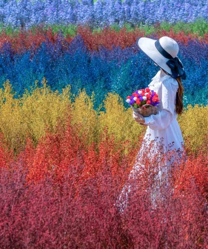 Girl Walking in Colourful Flower Field>