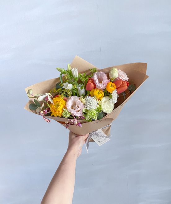 Wild Bouquet Orange Pin Cushion, Anthurium and Wax Flowers