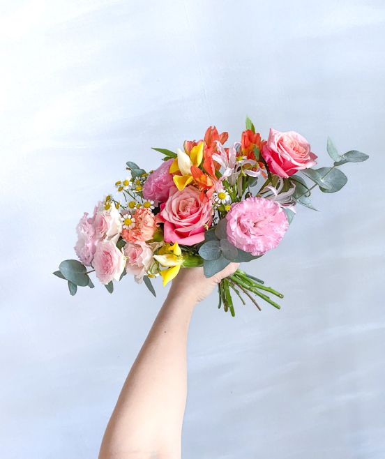 Pink Tulips, White Ranunculus, Iris and Rose Wrapped Bouquet