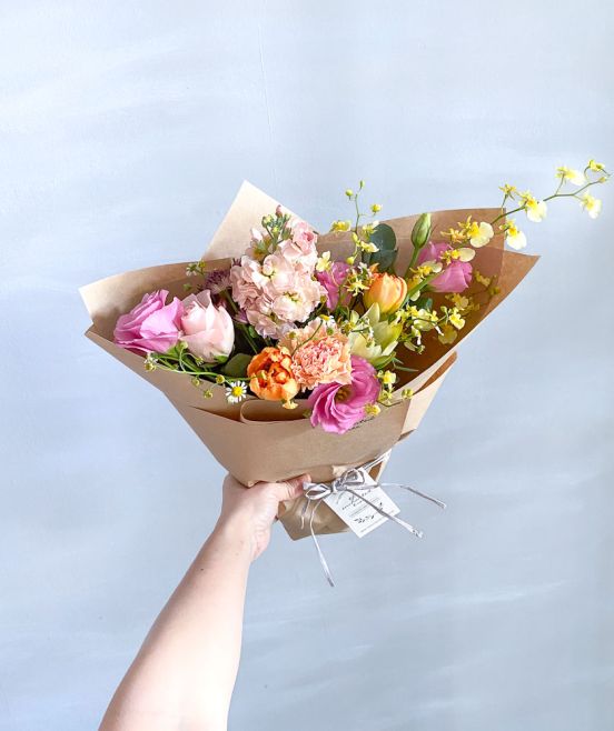 Heliconia, Green trick, Helenium, Wax Flower in Wrapped Bouquet