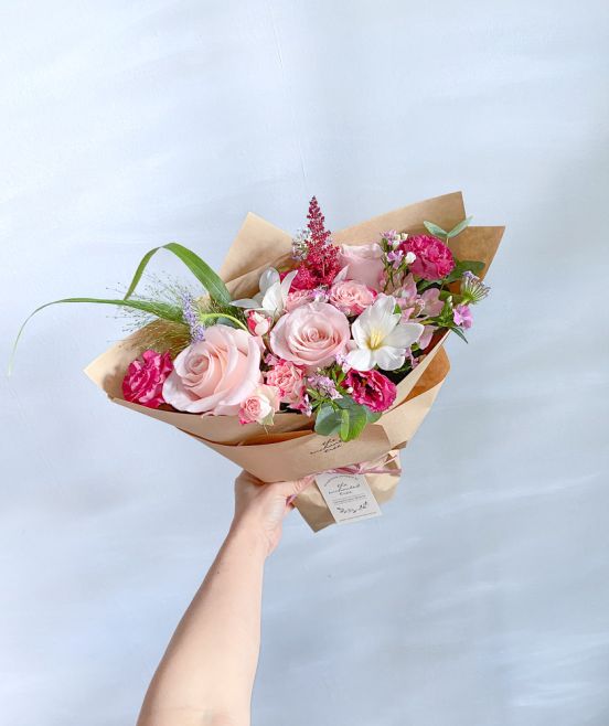 Roses, Carnations, Oxypetalum, Matthiola, Astrantia in Wrapped Bouquet