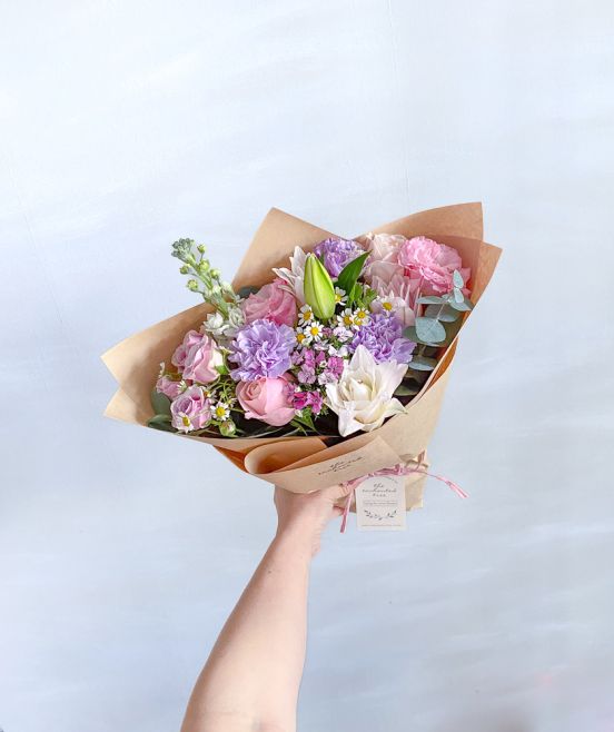Cappuccino Roses, Ranunculus, Veronica, Mini Allium White in Wrapped Bouquet